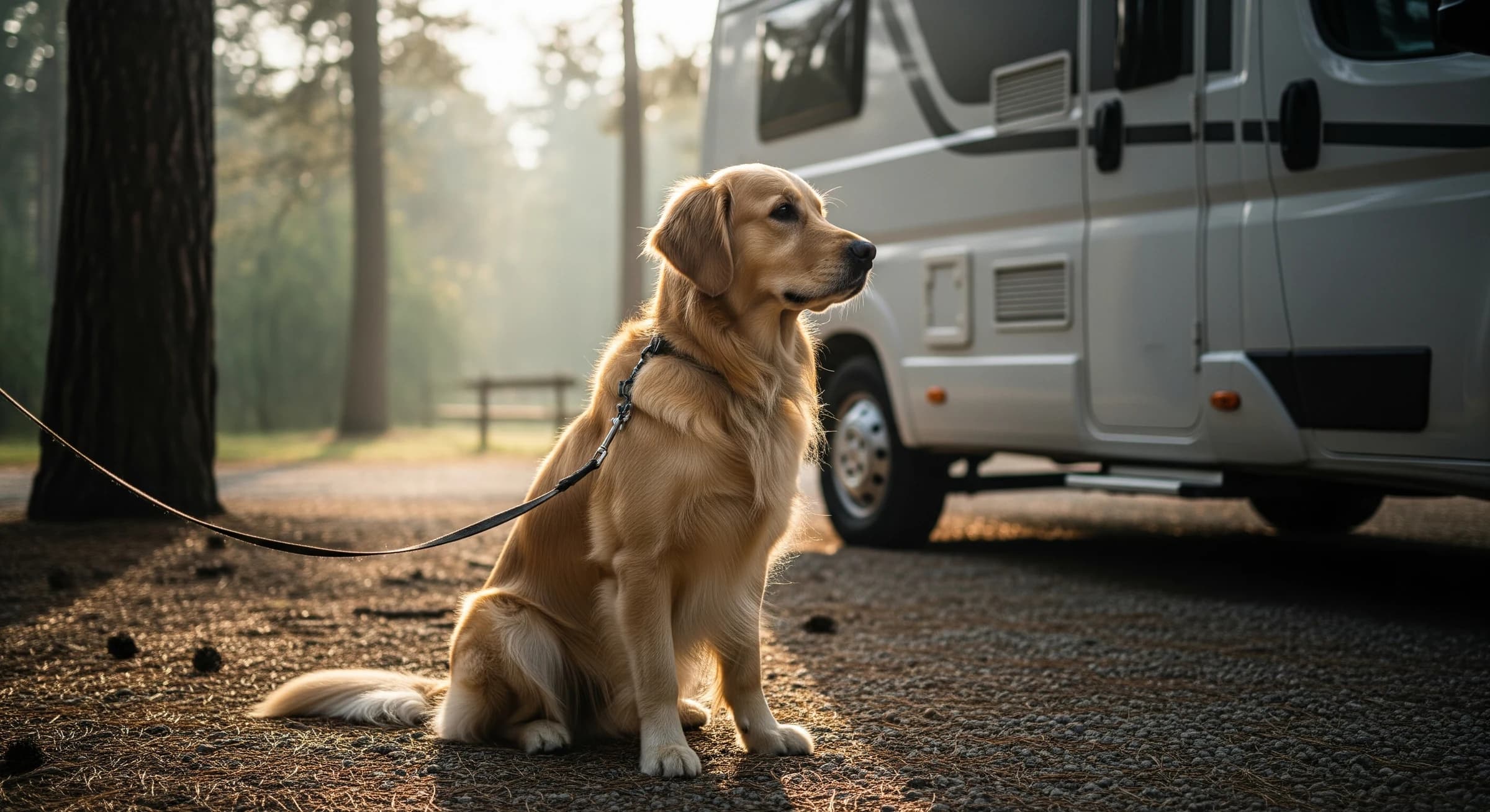 朝の光、車の傍に座る犬