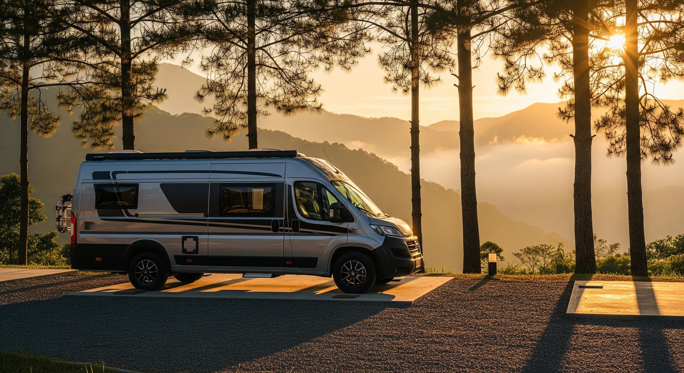 夕陽の山あいに停まるキャンピングカー