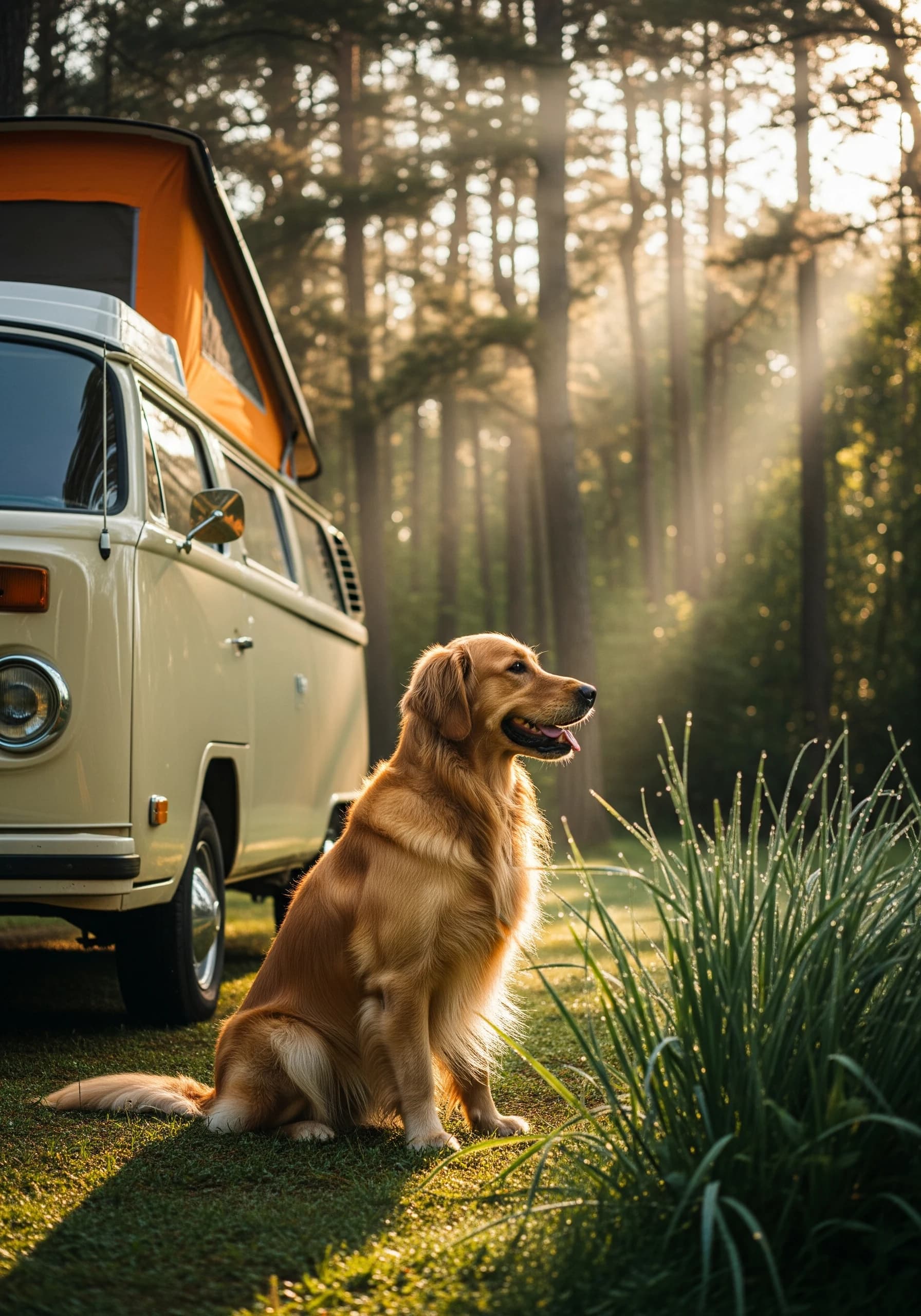 木漏れ日の中、車のそばに座る犬